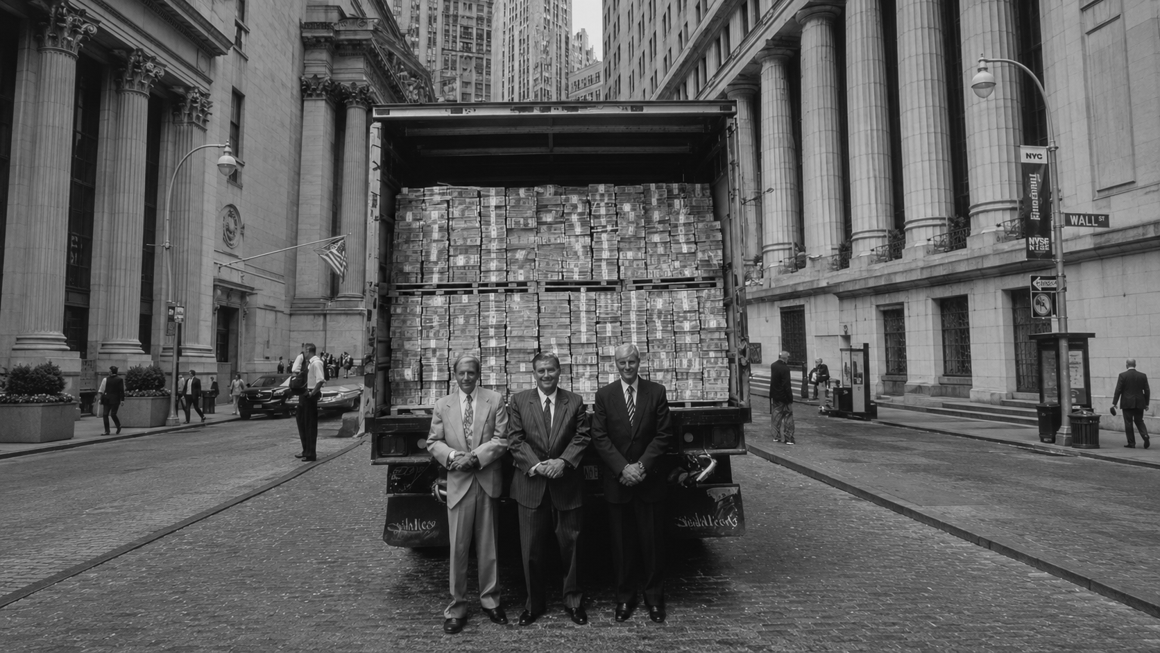 Três executivos diante de um caminhão carregado de dinheiro em Wall Street